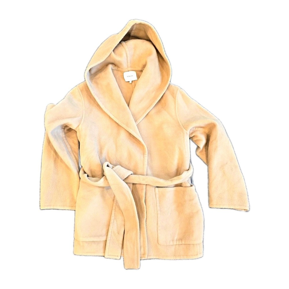 Vince Wool Cashmere Hooded Wrap Drape Neck Cardigan Sweater Coat Beige Medium M